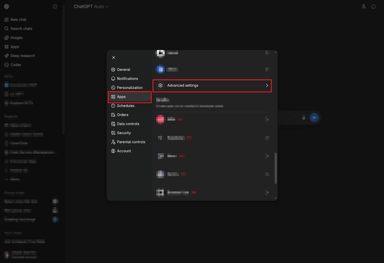 Open Apps and Advanced Settings in ChatGPT