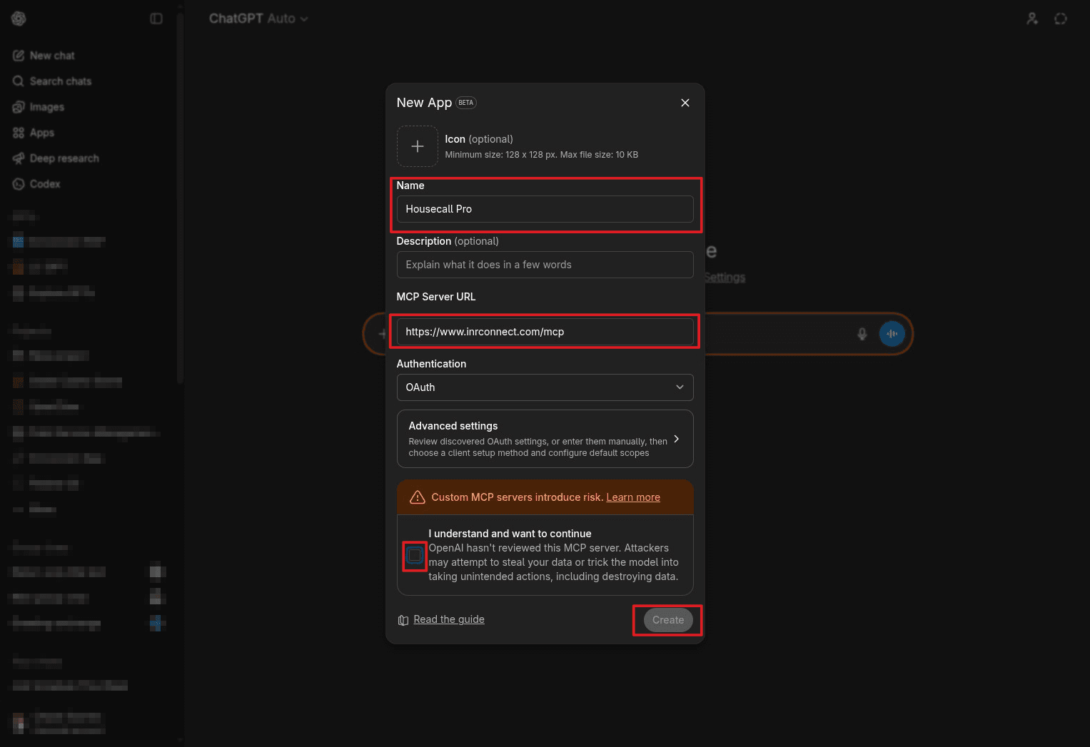 Create the Housecall Pro app and enter the MCP server URL