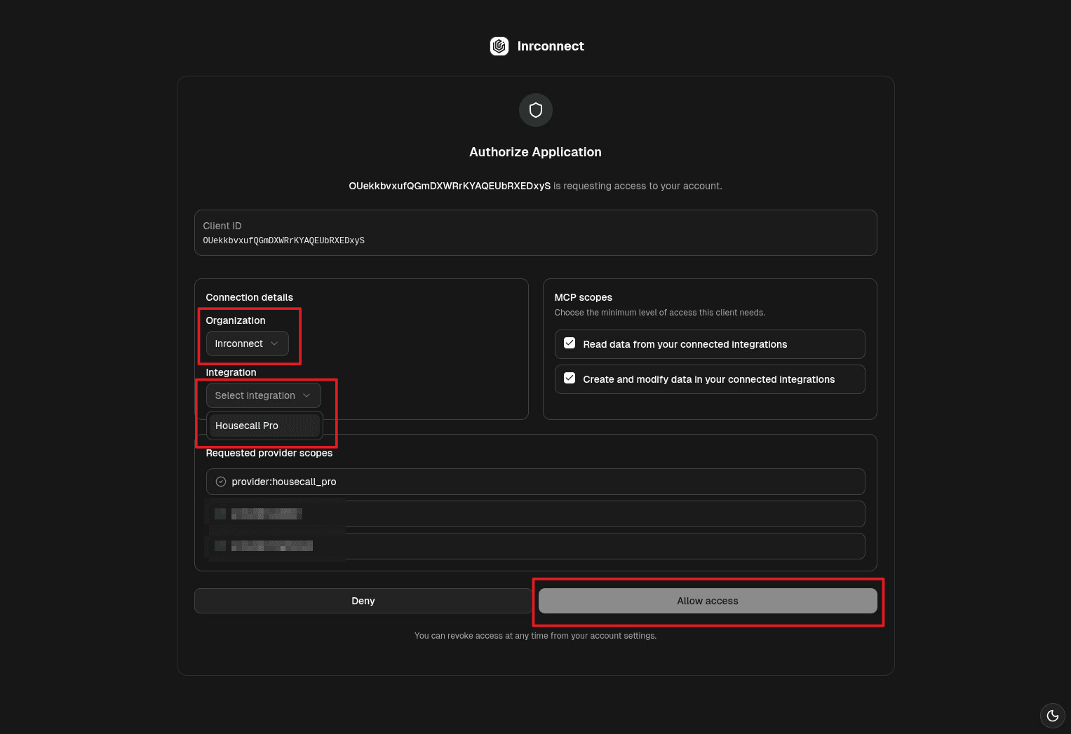 Select your organization and the Housecall Pro integration