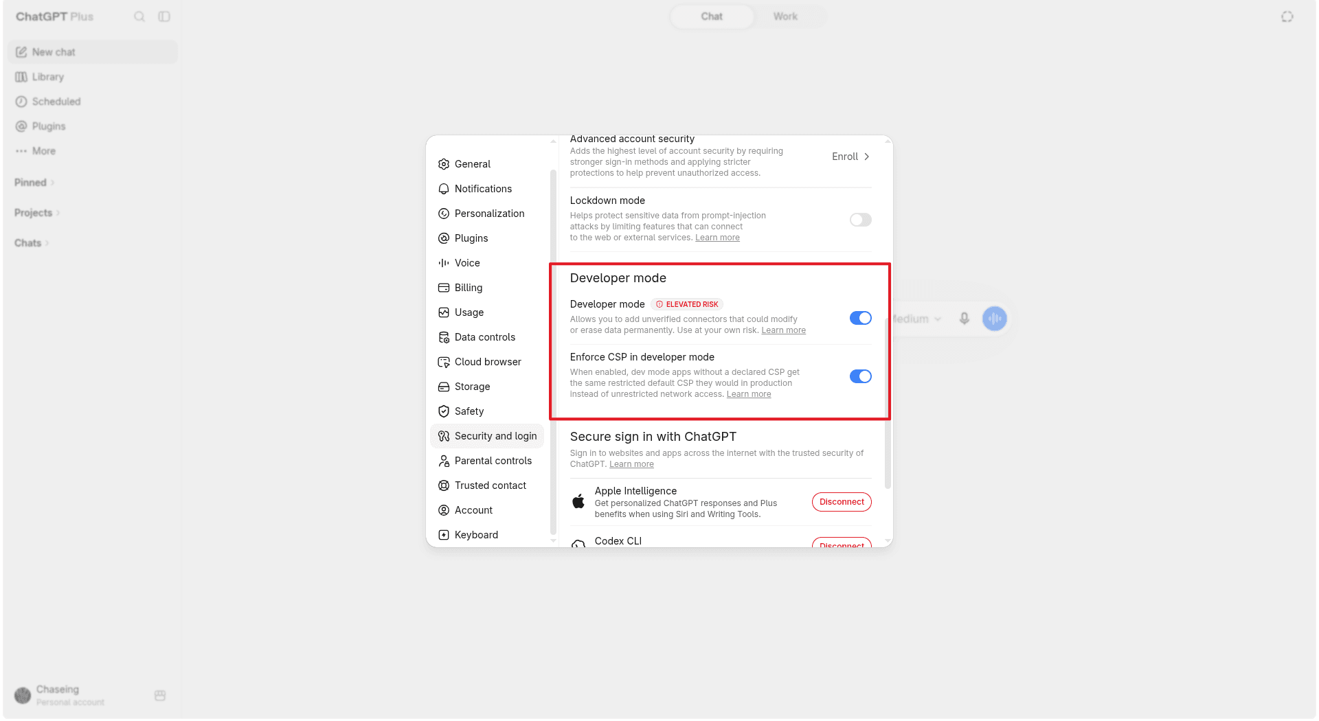Enable Developer mode and Enforce CSP in ChatGPT security settings