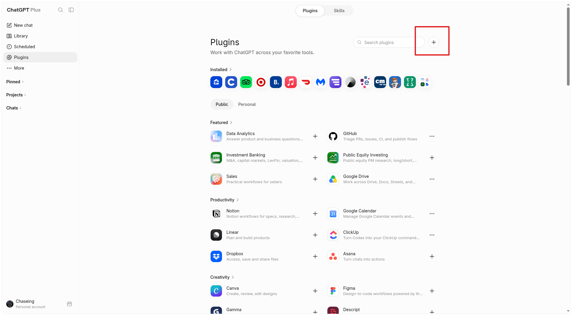 Click the plus icon in the top-right of the ChatGPT Plugins page