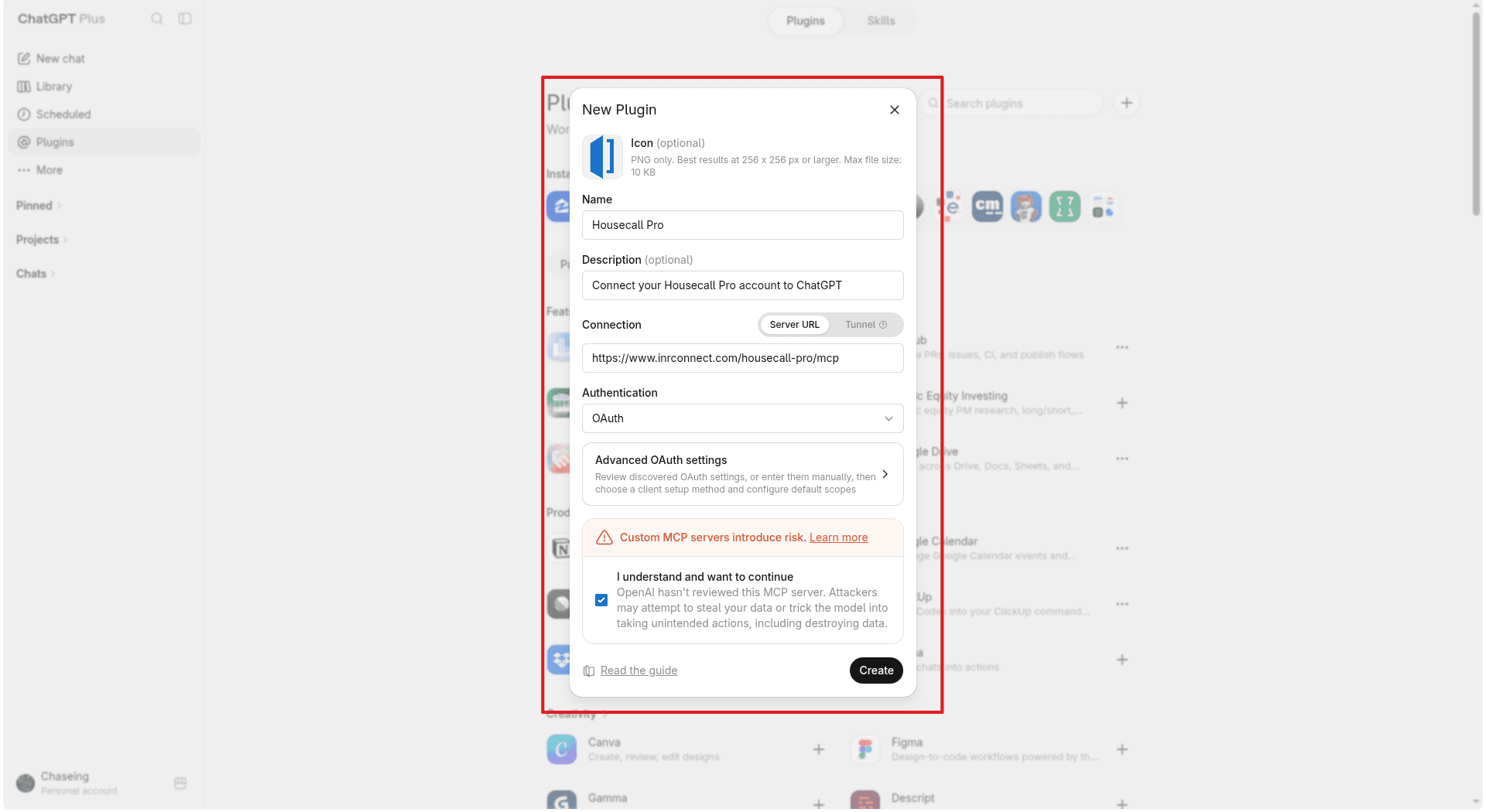 Enter the plugin name, description, and MCP server URL, then click Create