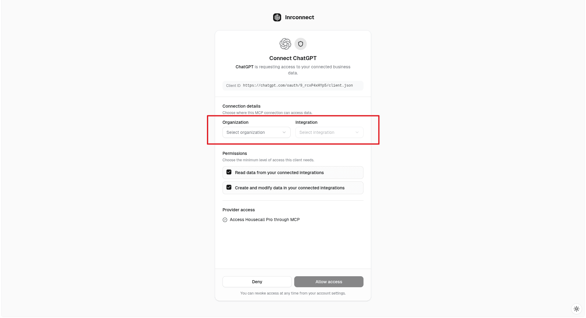 Select your organization and integration, then click Allow access