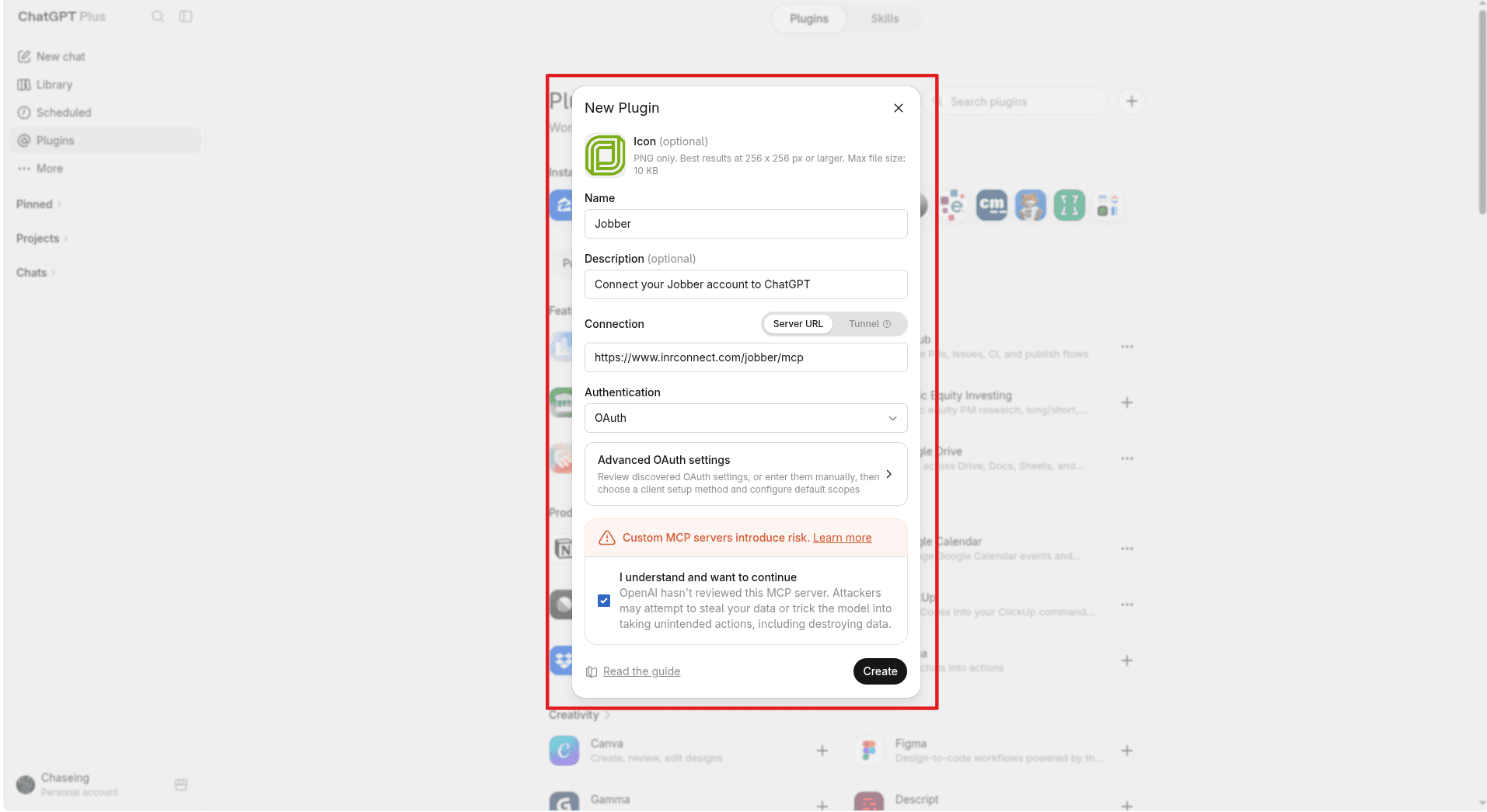 Enter the plugin name, description, and MCP server URL, then click Create